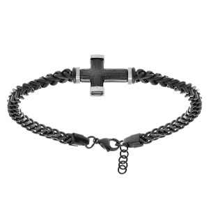 BRACELET ACIER PVD NOIR MAILLE GOURMETTE AVEC CROIX PVD NOIR ET GRIS  19.5+3CM