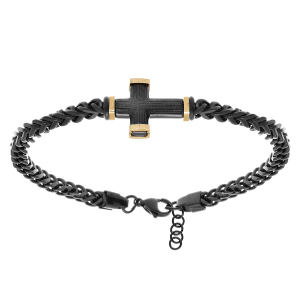 BRACELET ACIER PVD NOIR MAILLE GOURMETTE AVEC CROIX PVD NOIR ET DORE 19.5+3CM