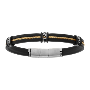 BRACELET ACIER ET CAOUTCHOUC NOIR CABLE DORÉ  20CM+1CM DOUBLE FERMOIR