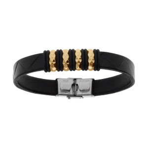BRACELET ACIER ET CUIR BOVIN NOIR MOTIF DORÉ 21.5CM  REGLABLE
