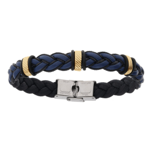 BRACELET ACIER ET CUIR BOVIN TRESSE BLEU MOTIF DORÉ 22CM  REGLABLE
