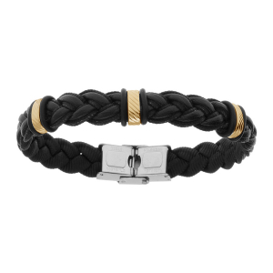 BRACELET ACIER ET CUIR BOVIN TRESSE NOIR MOTIF DORÉ 22CM  REGLABLE