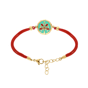 BRACELET ACIER DORÉ JAUNE STELLA MIA RÉSINE VERTE ET ROUGE CORDON ROUGE  16+3CM