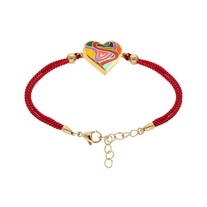 BRACELET ACIER DORÉ STELLA MIA FORME COEUR 15MM RÉSINE MULTI COULEUR CORDON ROUGE   16+3CM