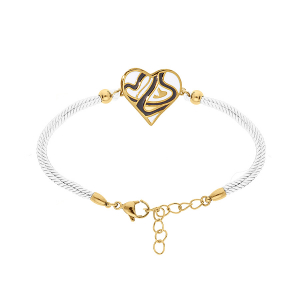 BRACELET ACIER DORÉ STELLA MIA FORME COEUR 15MM RÉSINE BLANCHE ET NOIR CORDON BLANC   16+3CM