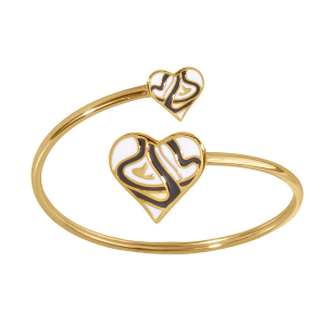BRACELET ACIER DORÉ STELLA MIA JONC FLEXIBLE FORME COEUR 17MM ET 9MM RÉSINE BLANCHE ET NOIRE