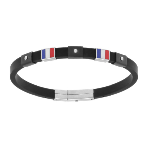 BRACELET ACIER ET CAOUTCHOUC NOIR DRAPEAU FRANCAIS 21.5CM RÉGLABLE 17CM