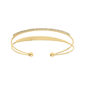 BRACELET ACIER DORÉ RIGIDE 2 RANGS 1 RAIL OXYDES BLANCS SERTIS 57MM X 55MM