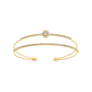 BRACELET ACIER DORÉ RIGIDE 2 RANGS RAIL OXYDES BLANCS SERTIS 57MM X 55MM