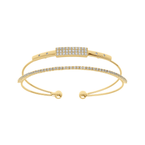 BRACELET ACIER DORÉ RIGIDE 1 RANG RAIL ET PAVÉ OXYDES BLANCS SERTIS 57MM X 55MM