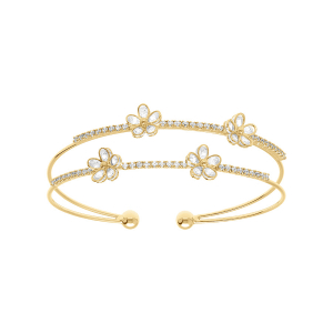 BRACELET ACIER DORÉ RIGIDE 2 RANGS RAIL ET FLEURS OXYDES BLANCS SERTIS 57MM X 55MM