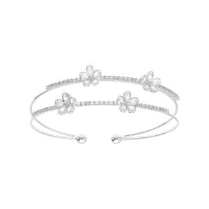 BRACELET ACIER RIGIDE 2 RANGS RAIL ET FLEURS OXYDES BLANCS SERTIS 57MM X 55MM