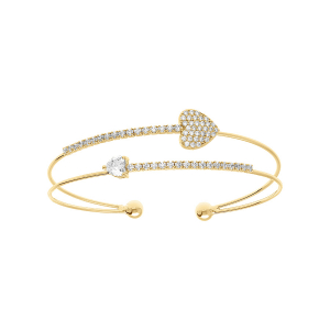 BRACELET ACIER DORÉ RIGIDE 2 RANGS RAIL ET COEURS OXYDES BLANCS SERTIS 57MM X 55MM