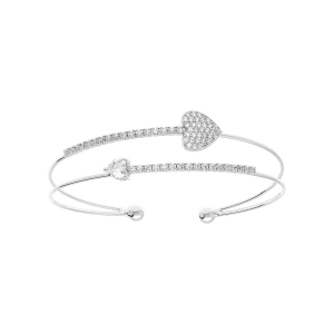 BRACELET ACIER RIGIDE 2 RANGS RAIL ET COEURS OXYDES BLANCS SERTIS 57MM X 55MM