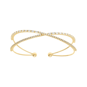 BRACELET ACIER DORÉ RIGIDE CROISÉS 2 RANGS RAIL OXYDES BLANCS SERTIS 57MM X 55MM