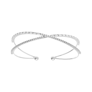 BRACELET ACIER RIGIDE CROISÉS 2 RANGS RAIL OXYDES BLANCS SERTIS 57MM X 55MM