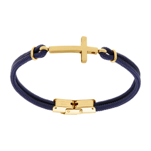 BRACELET ACIER DOUBLE CORDON BLEU CROIX DORÉ 25MM 21CM RÉGLABLE