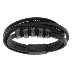 BRACELET ACIER CUIR BOVIN ET POLYURETHANE NOIR MULTI RANGS 21CM