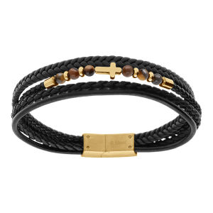 BRACELET ACIER CUIR BOVIN ET POLYURETHANE NOIR MULTI RANGS OEIL DE TIGRE  21CM