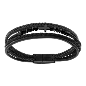 BRACELET ACIER CUIR BOVIN ET POLYURETHANE NOIR MULTI RANGS AGATE NOIRE   21CM