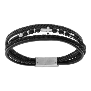 BRACELET ACIER CUIR BOVIN ET POLYURETHANE NOIR MULTI RANGS  21CM