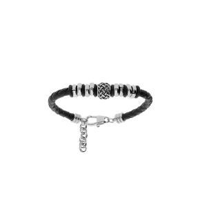 BRACELET ACIER JUNIOR CUIR BOVIN NOIR RONDELLES MOTIF 16+3CM