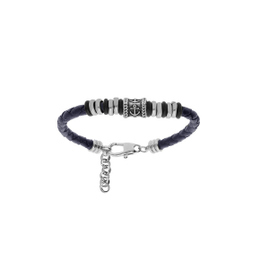 BRACELET ACIER JUNIOR CUIR BOVIN BLEU RONDELLES ET MOTIF ANCRE 16+3CM