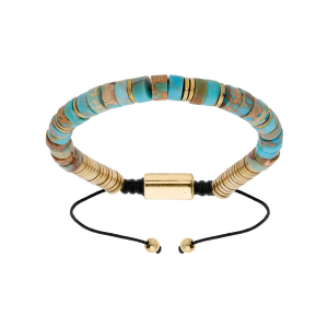 BRACELET ACIER ET PVD DORÉ PIERRES JASPE BLEU VÉRITABLE COULISSANT CORDON NOIR