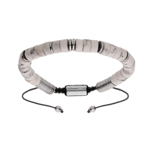 BRACELET ACIER PIERRES HOWLITE VÉRITABLE COULISSANT CORDON NOIR