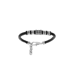 BRACELET ACIER JUNIOR CUIR BOVIN MARRON RONDELLES ET MOTIF SOLEIL 16+3CM