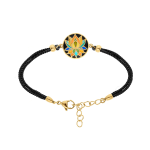 BRACELET ACIER DORÉ STELLA MIA RÉSINE FOND NOIR FLEUR DE LOTUS CORDON NOIR 16+3CM