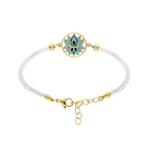 BRACELET ACIER DORÉ STELLA MIA RÉSINE FOND BLANC FLEUR DE LOTUS CORDON BLANC  16+3CM