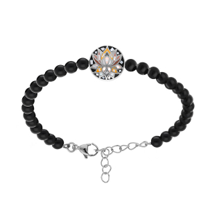 BRACELET ACIER STELLA MIA  FLEUR DE LOTUS RÉSINE ET NACRE BOULES ONYX NOIR 16+3CM