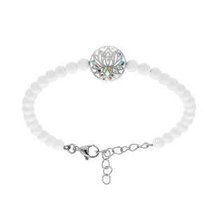 BRACELET ACIER STELLA MIA  FLEUR DE LOTUS RÉSINE ET NACRE BOULES BLANCHES  16+3CM