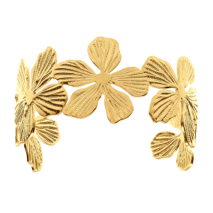BRACELET ACIER DORÉ JAUNE RIGIDE OUVERT FLEURS