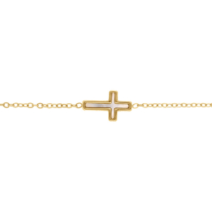 BRACELET ACIER DORÉ CROIX NACRE IMITATION 16+3CM