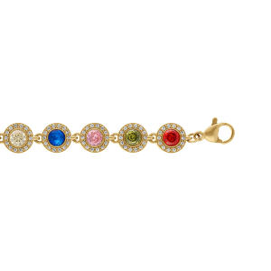 BRACELET ACIER DORÉ ELEMENTS ROND OXYDES MULTICOULEUR CONTOUR OXYDES BLANCS 15+5CM