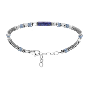 BRACELET ACIER RONDELLES HÉMATITE ET TUBE LAPIS LAZULI 18+3CM