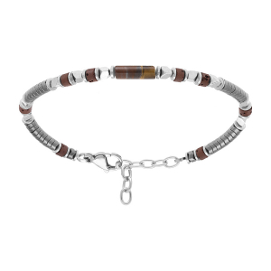 BRACELET ACIER RONDELLES HÉMATITES ET TUBE OEIL DE TIGRE MARRON  18+3CM