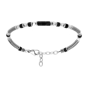 BRACELET ACIER RONDELLES HÉMATITES ET TUBE AGATE NOIRE  18+3CM