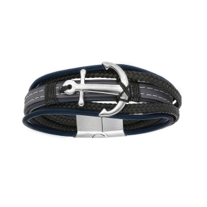 BRACELET ACIER ET CUIR BOVIN MULTI FILS BLEU NOIR GRIS AVEC ANCRE 20,5CM