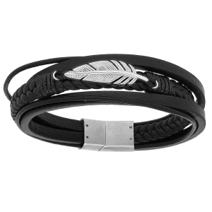 BRACELET ACIER ET CUIR BOVIN MULTI FILS NOIR AVEC PLUME 20,5CM
