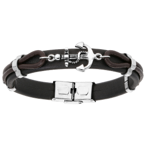 BRACELET ACIER ET CUIR BOVIN NOIR ET MARRON AVEC ANCRE 20,5CM RÉGLABLE