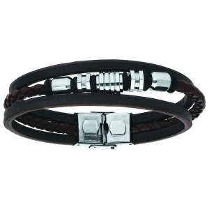 BRACELET ACIER ET CUIR BOVIN 3 RANGS MARRON ET NOIR AVEC MOTIFS 20,5CM RÉGLABLE