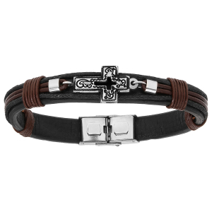 BRACELET ACIER ET CUIR BOVIN NOIR ET MARRON AVEC CROIX 20,5CM RÉGLABLE