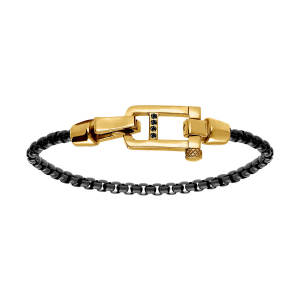 BRACELET ACIER SATINÉ MAILLE JASERON NOIR FERMOIR BRILLANT DORÉ ET OXYDES NOIRS SERTIS 19.5CM
