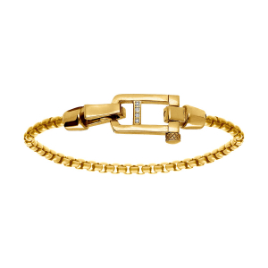 BRACELET ACIER DORÉ SATINÉ MAILLE JASERON FERMOIR BRILLANT DORÉ  ET OXYDES BLANCS SERTIS  19.5CM