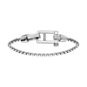 BRACELET ACIER SATINÉ MAILLE JASERON FERMOIR BRILLANT ET OXYDES BLANCS SERTIS 19.5CM