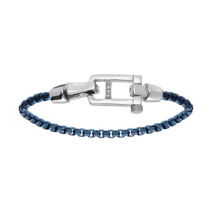 BRACELET ACIER SATINÉ MAILLE JASERON PVD BLEU FERMOIR ACIER BRILLANT ET OXYDES BLANCS SERTIS 21CM