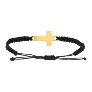 BRACELET ACIER DORÉ CROIX 25MM CORDON NOIR COULISSANT